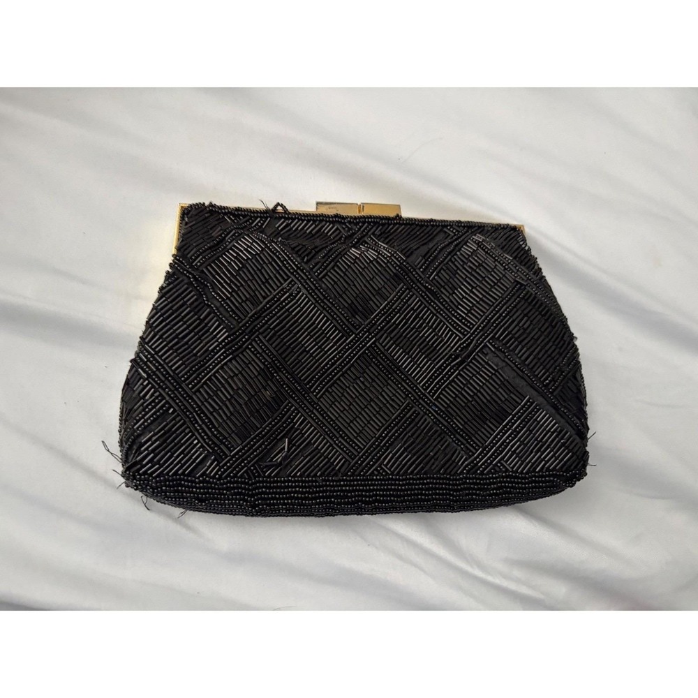 Vintage Marshall‎ Fields Black Beaded Clutch Hand Made Evening Bag Gold Chain